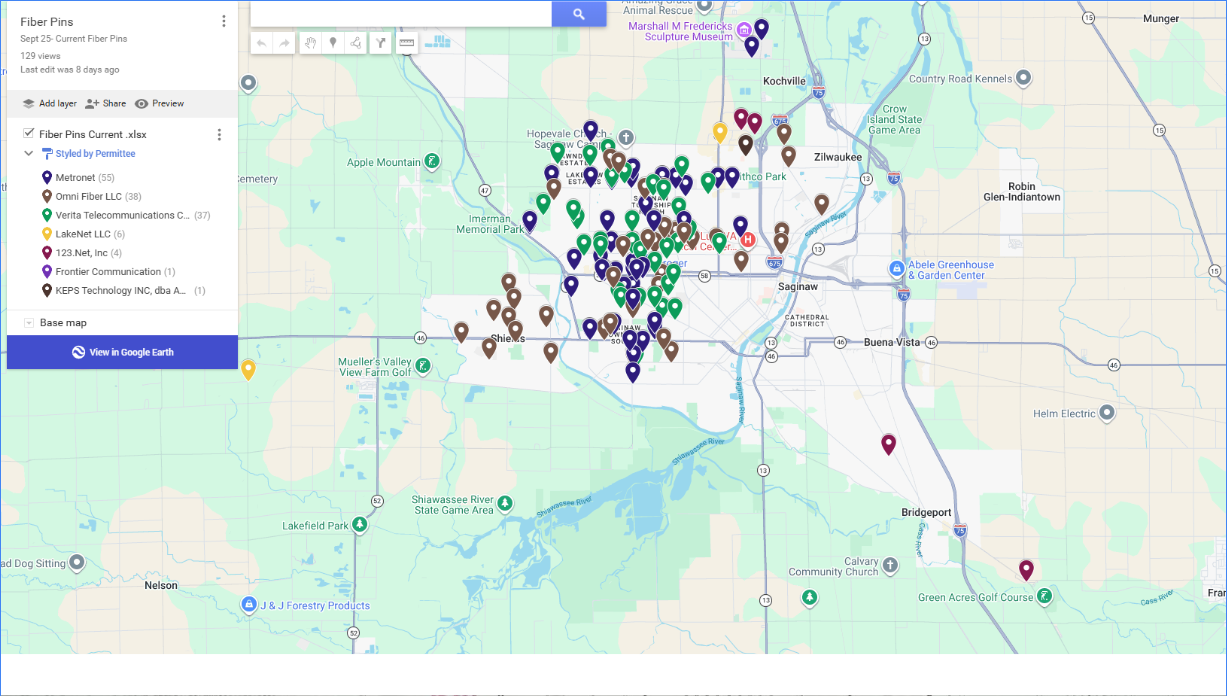 Author-created geographic reference organizing fiber permit locations in Google My Maps