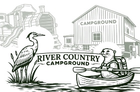 River Country logo concept with heron, canoe, and campground
