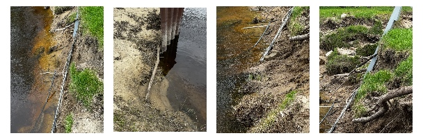 Four close views of the riverbank, waterline, and exposed soil